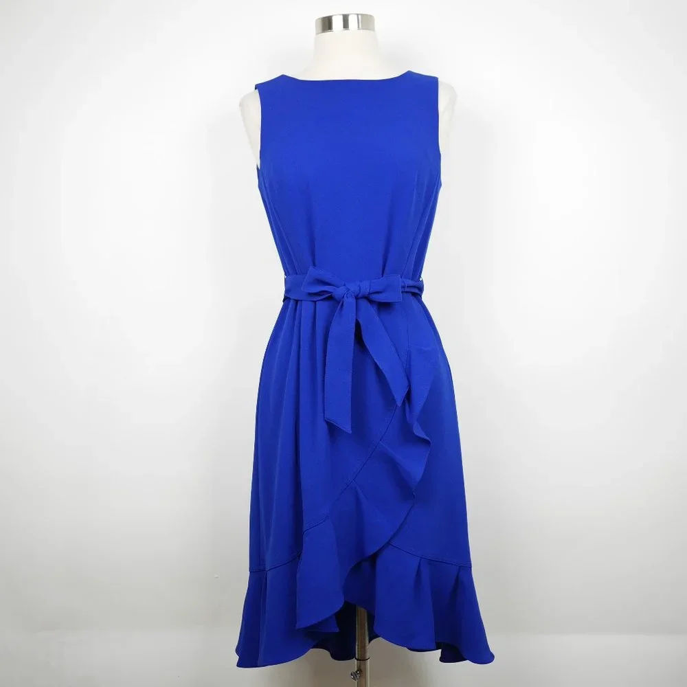 CALVIN KLEIN Women's 4 Cobalt blue sleeveless stretch dress ruffled hem knee lth - Picture 1 of 10